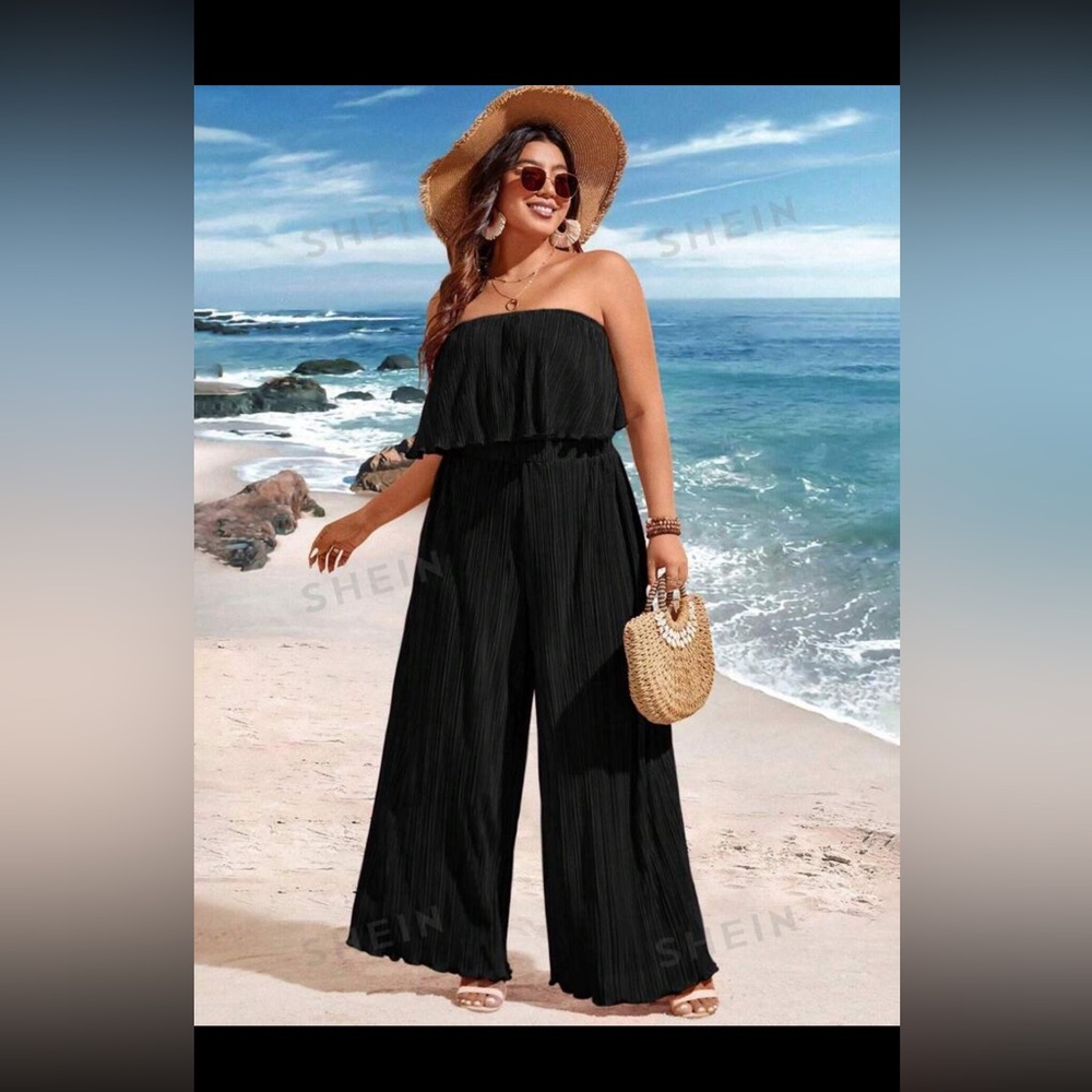 NEW SHEIN WYWH Plus Size Women's Strapless Top & Wide Leg Pants Two Piece Set